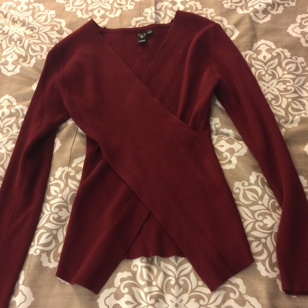 Burgundy Wrap Front Ribbed Sweater